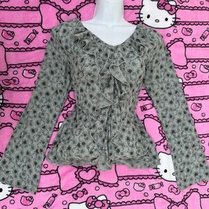 Sage green 3/4 blouse w waterfall ruffle collar & geometric patterns